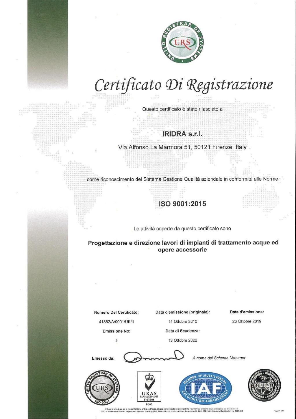 certificato iso 9001 iridra scadenza 13.10.2022  web